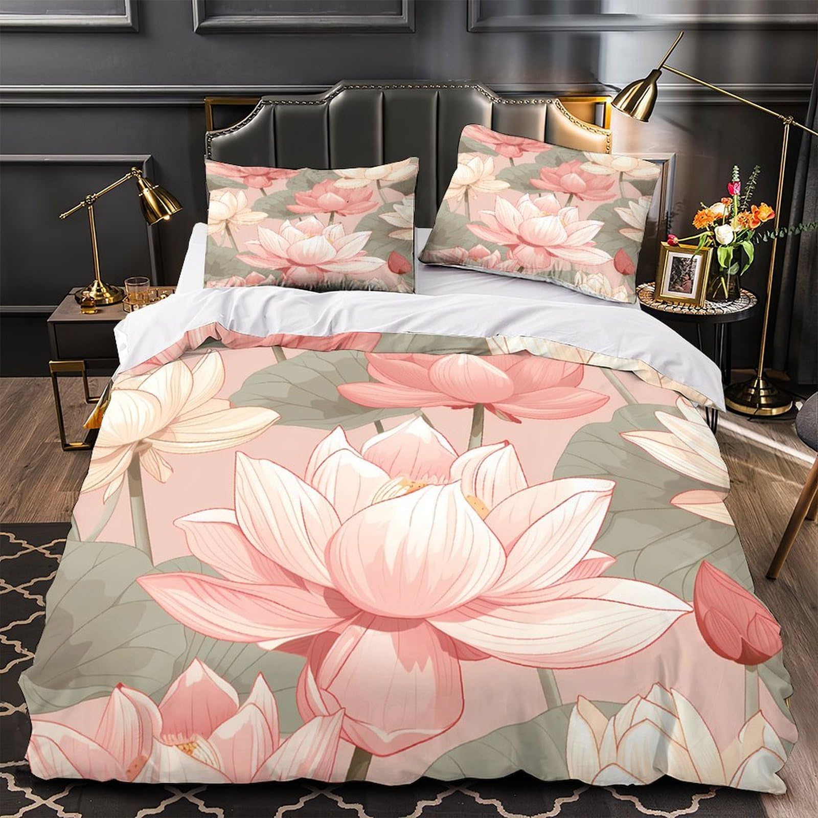 Housse de couette fleur de lotus 3D pour lit king size en microfibre infroissable avec zip