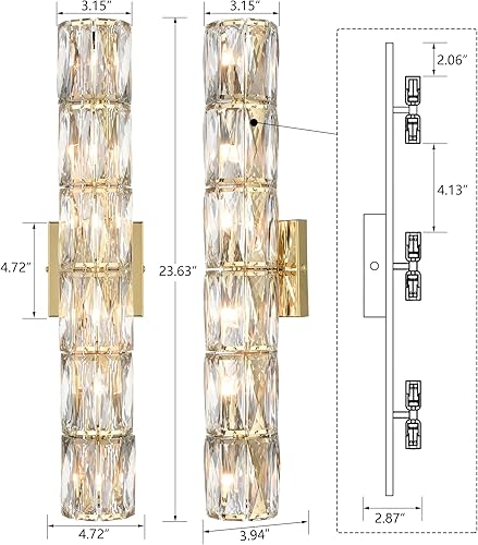 Miniatura 5 de SAMTEEN Aplique de pared de cristal de 23.6 pulgadas, apliques dorados, iluminación de pared moderna de mediados de siglo, 6 luces de montaje en