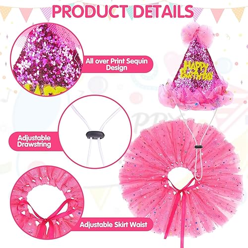 Miniatura 5 de SCENEREAL Bandana de cumpleaños para perro con sombrero y vestido para niña, suministros para fiesta de cumpleaños de cachorros, linda falda tutú