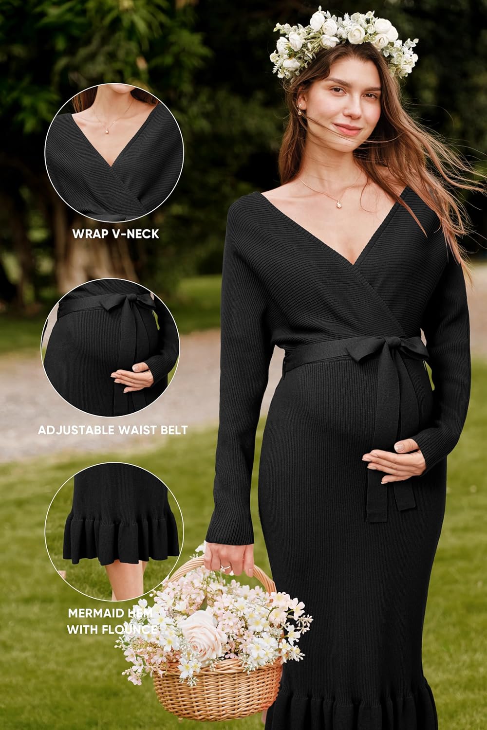 OUGES 2025 Maternity Sweater Nursing Dress for Photoshoot Baby Shower Wedding Guest Outfits Fishtail Ribbed Knit Clothes - Image 6