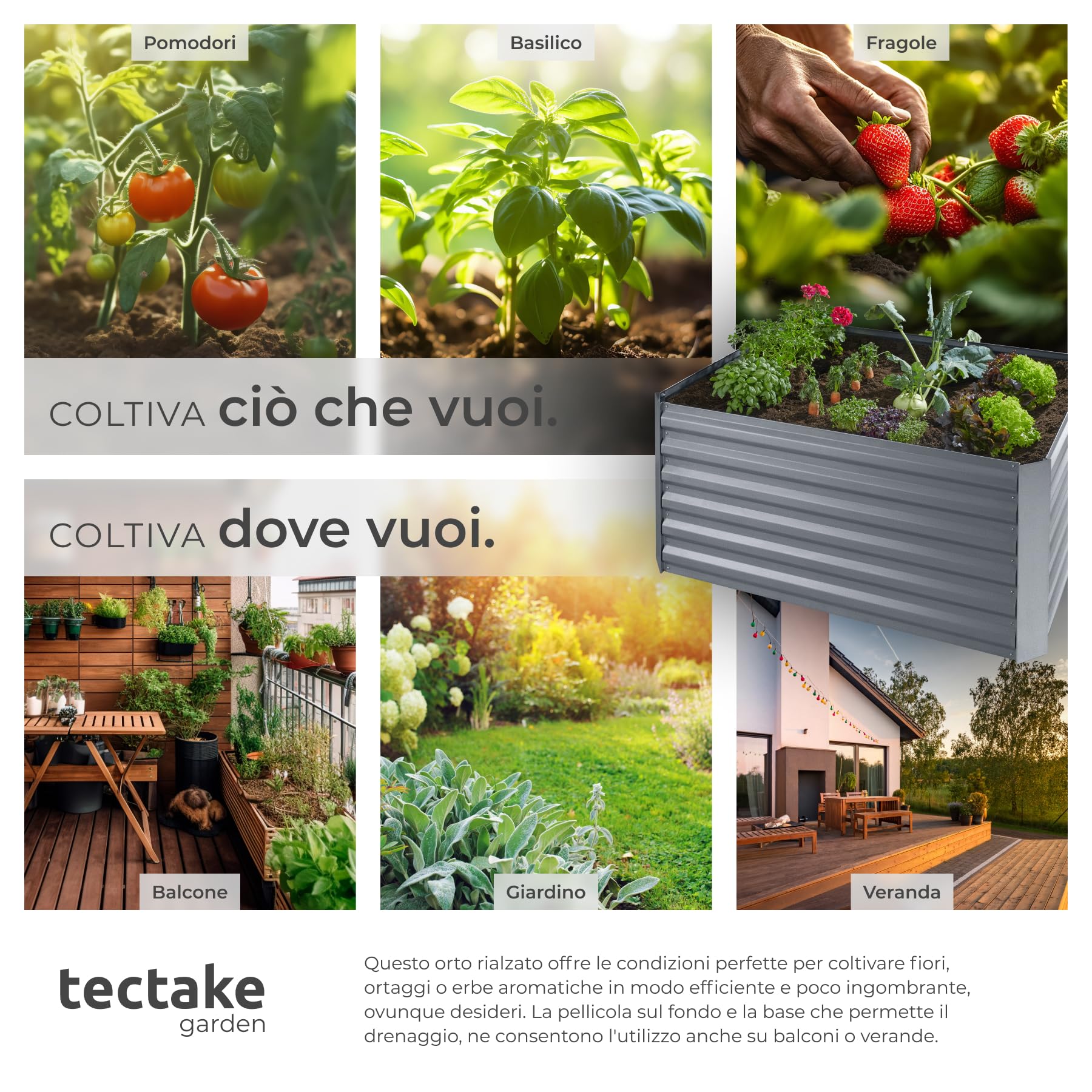 tectake® Orto Rialzato, 600l, Zincato,120 x 90 x 57 cm, Struttura in Acciaio Zincato, Base Aperta, Perfetto per Verdure, Erbe Aromatiche e Fiori, Montaggio Rapido, Alta Stabilità, Giardino Rialzato