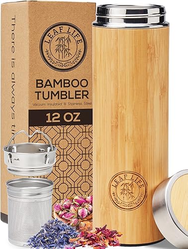 LeafLife Termo de bambú prémium con infusor de té para té suelto de 12 onzas, regalos del día de San Valentín para ella, caliente y frío durante 12