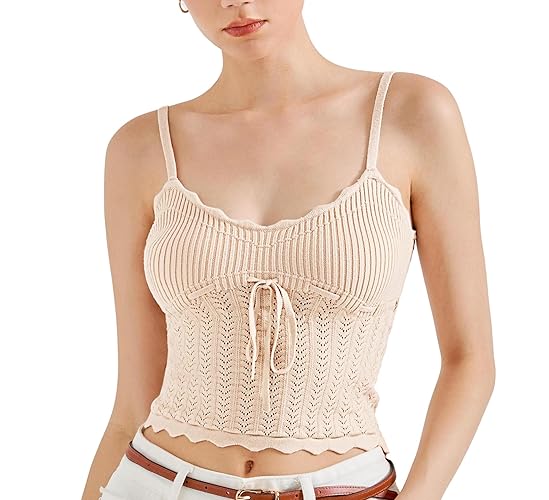 SUUKSESS Women Y2K Tank Top Summer Adjustable Spaghetti Straps Cami Basic Crochet V Neck Crop Camisole - Beige - Small