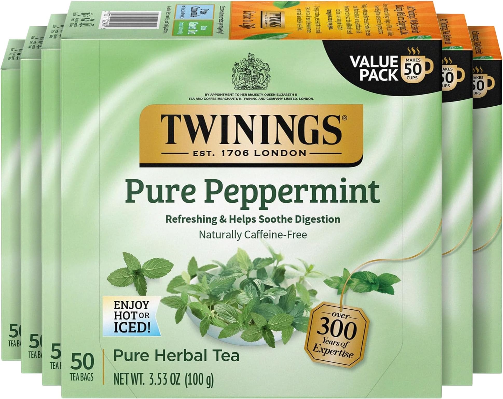 Pure Peppermint Herbal Tea Individually Wrapped Bags, 50 Count (Pack of 6), Fresh Minty Flavour, Naturally Caffeine-Free, Enjoy Hot or Iced | Packaging May Vary