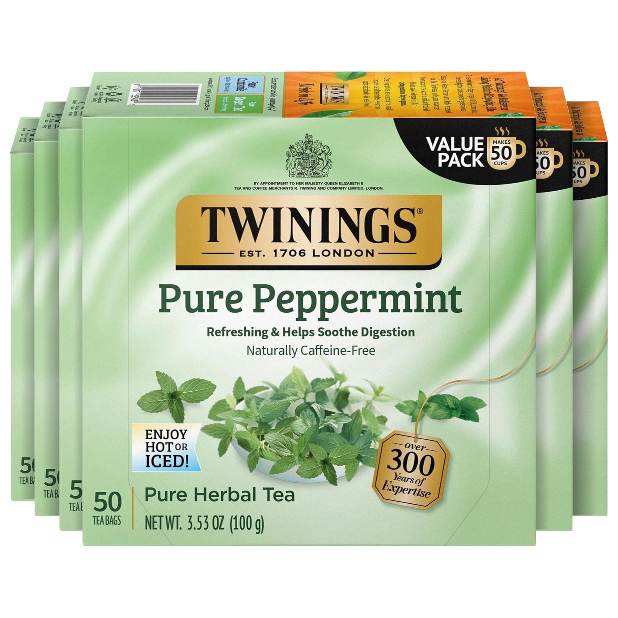 TwiningsPure Peppermint Herbal Tea Individually Wrapped Bags, 50 Count (Pack of 6), Fresh Minty Flavour, Naturally Caffeine-Free, Enjoy Hot or Iced | Packaging May Vary