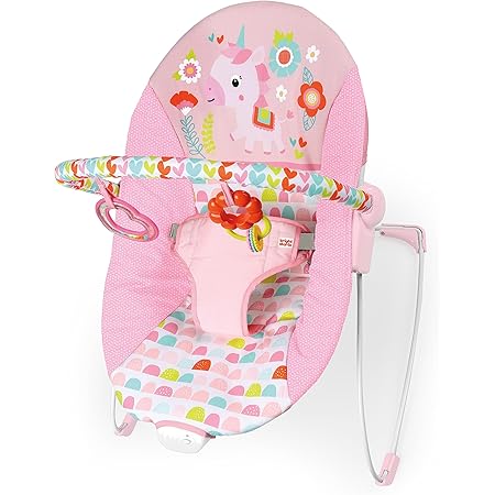 Bright Starts Baby Bouncer Soothing Vibrations Infant Seat - Removable-Toy Bar, Nonslip Feet, 0-6 Months Up to 20 lbs (Fancy Fantasy, Pink Unicorn)