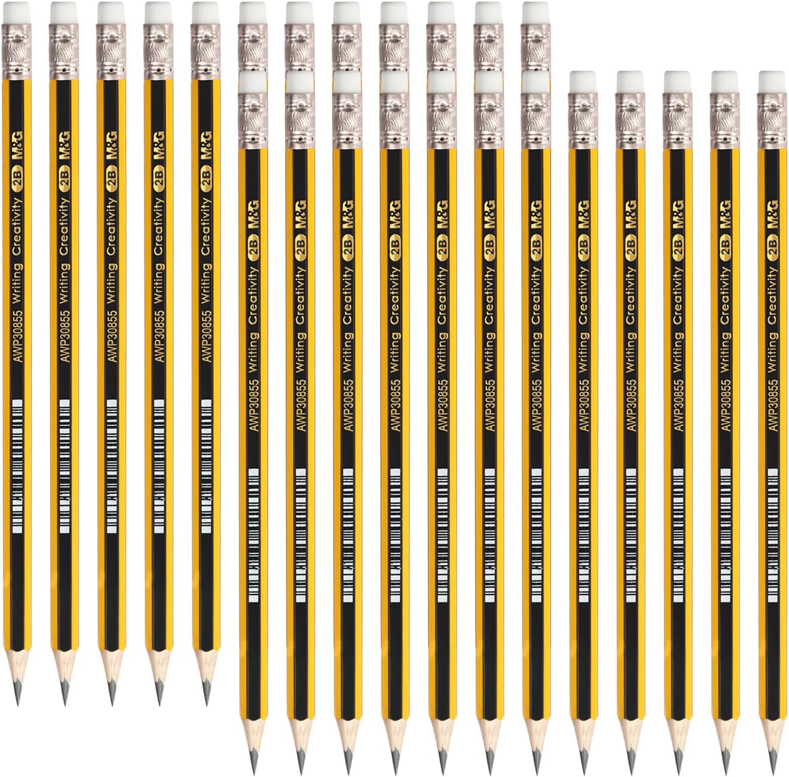 M&G 24 Pack Pre-Sharpened 2B Wooden Pencils with Top Erasers, Ideal for Schools, Offices, and Homes