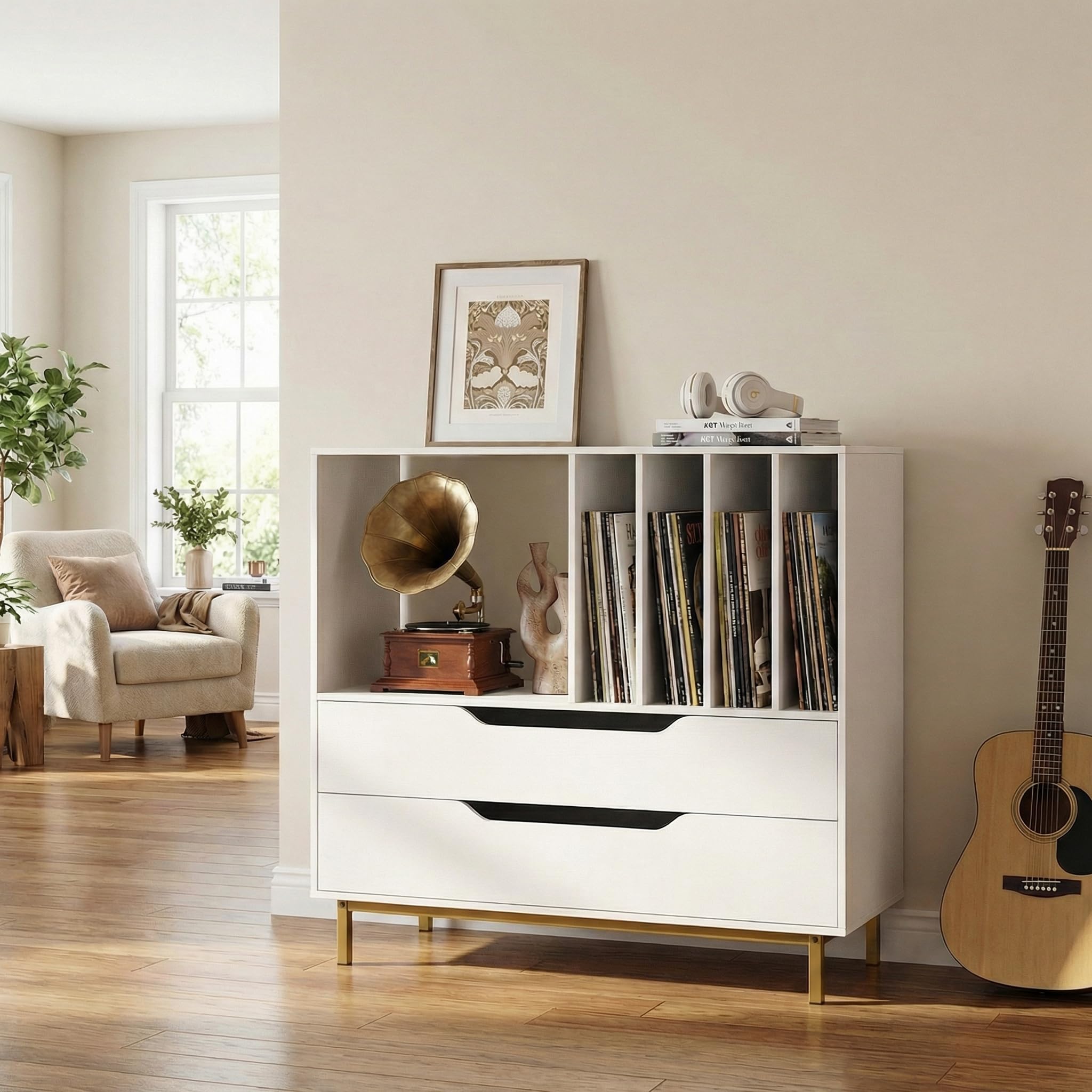 KOMFOTTEU Mueble para Tocadiscos con Compartimento Abierto y 2 Cajones, Soporte de Discos de Vinilo con Patas de Metal, Expositor para Discos para Dormitorio, Salón, Estudio, 91 x 36 x 87 cm (Blanco)
