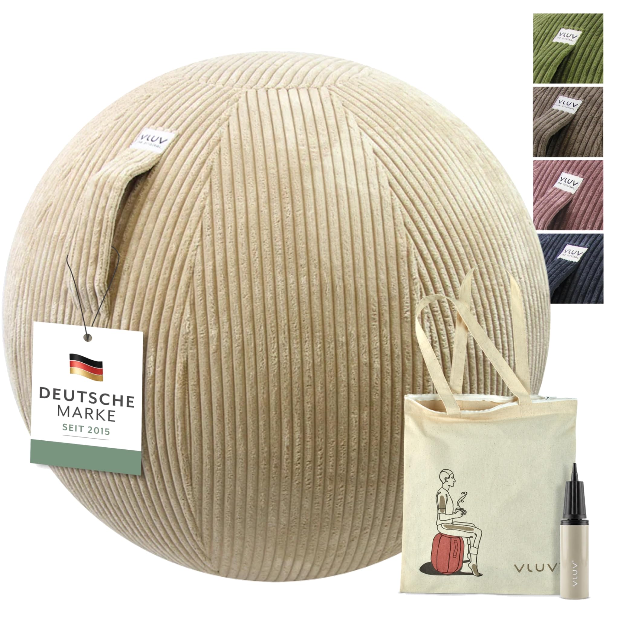 VLUV® BOL VLIP Sitzball Büro ergonomisch - Gymnastikball mit waschbarem Stoffbezug, atmungsaktiv, Tragegriff und Wegrollschutz - für Schwangerschaft und Home Office - Beige - 60cm - 65cm