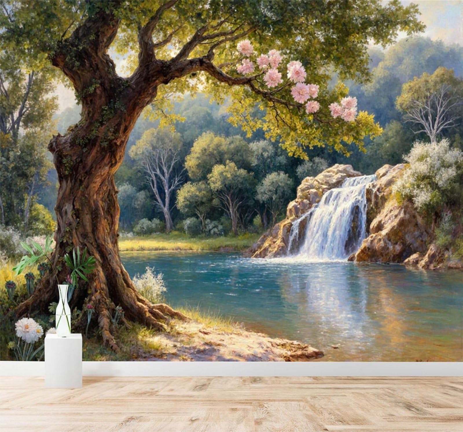 XLMING Serene River Waterfall Blossoming Trees Forest Scenery 3D Wallpaper Silky Texture Home Study Office Grey Dining Room Sofa Bedroom Living Room TV Backdrop-250cm×170cm