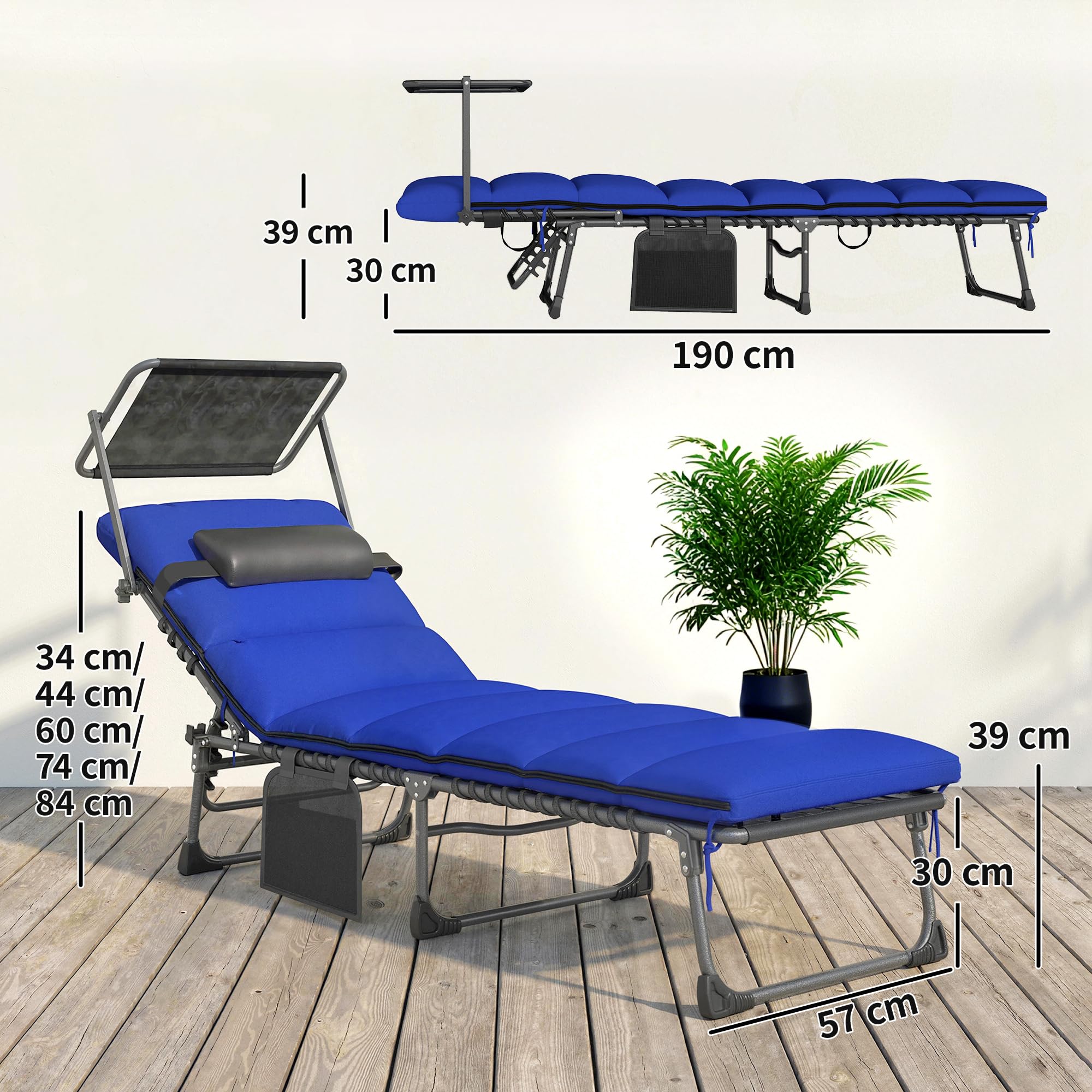 Outsunny Folding Sun Loungers Set of 2 with Canopy, 5-Position Reclining Garden Lounger, Side Pocket, Headrest, Cushions, Portable Recliner Sunbed with Carry Handle for Camping Beach Patio, Dark Blue — view 3
