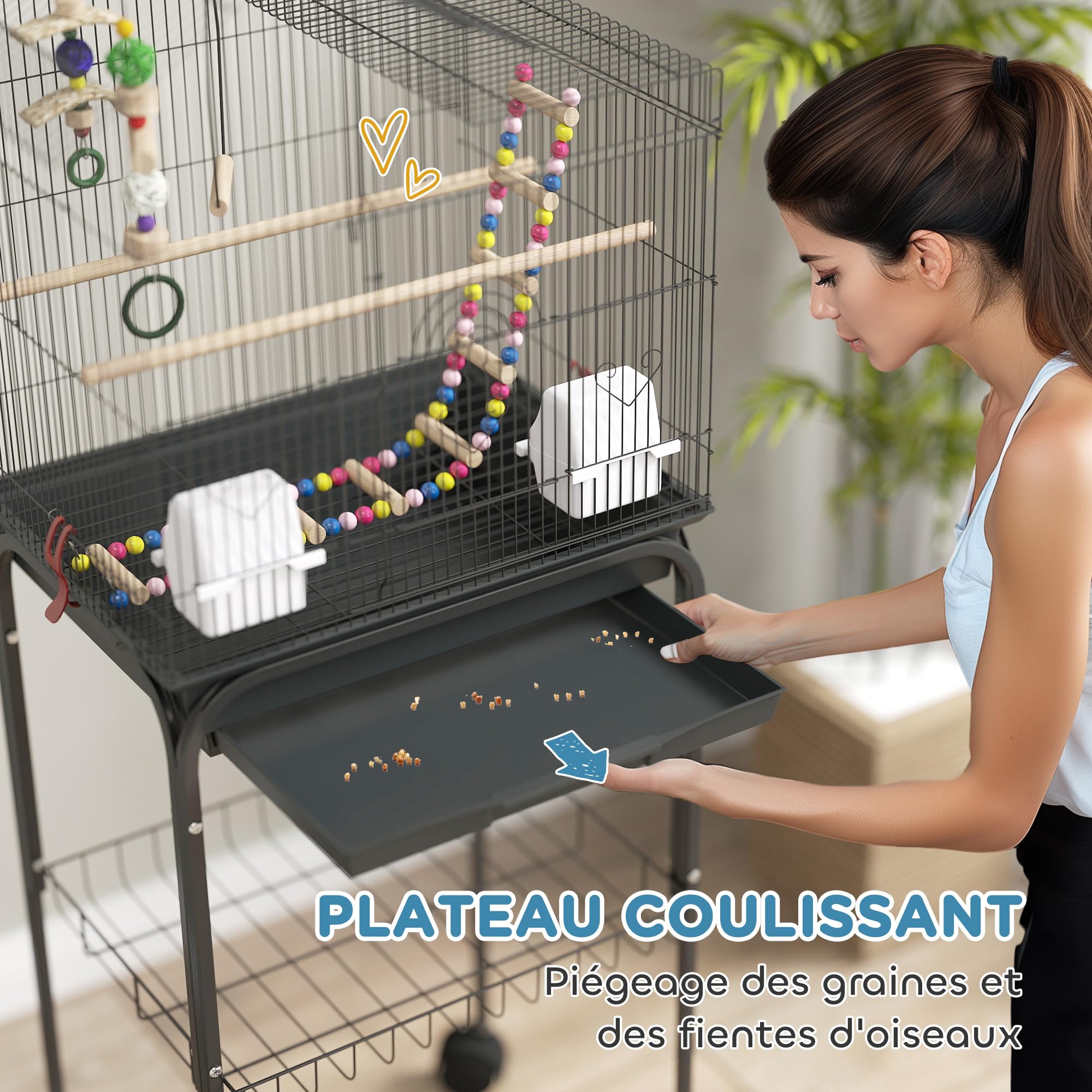 PawHut Cage à Oiseaux sur Roues 46 x 36 x 120 cm 2 mangeoires 2 perchoirs étagère Cage pour Perruche calopsitte Conure Pinson canaris