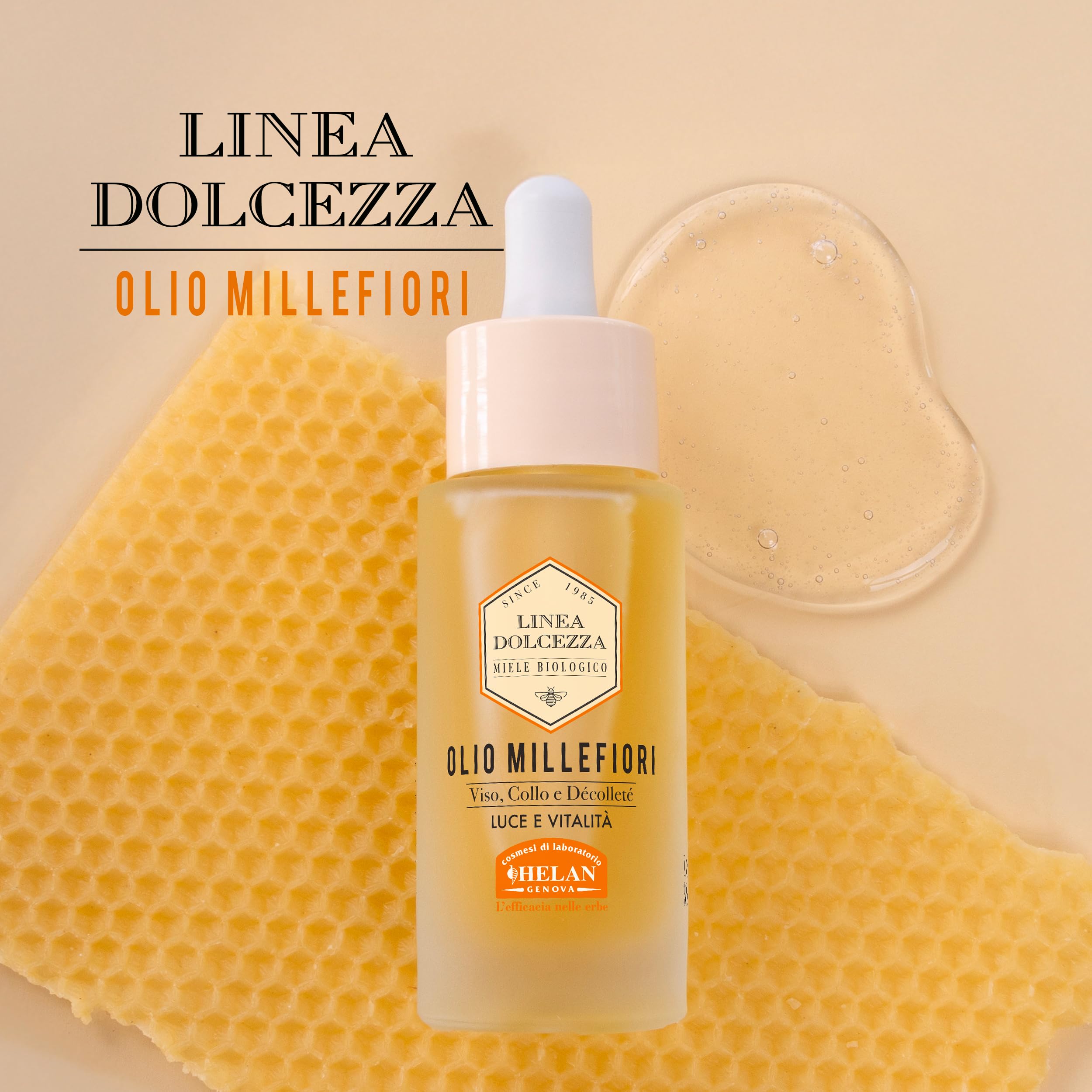 Helan Linea Dolcezza - Olio Viso, Collo e Décolleté Millefiori, Idratante e Antirughe, con Cera d’Api e Propolis, Olio Secco a Rapido Assorbimento - Prodotti Skincare Viso, Made in Italy, 30 ml