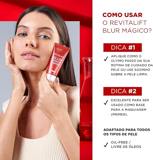Modelo aplicando o primer L'Oréal Paris Revitalift Blur Mágico no rosto com informações de uso ao lado