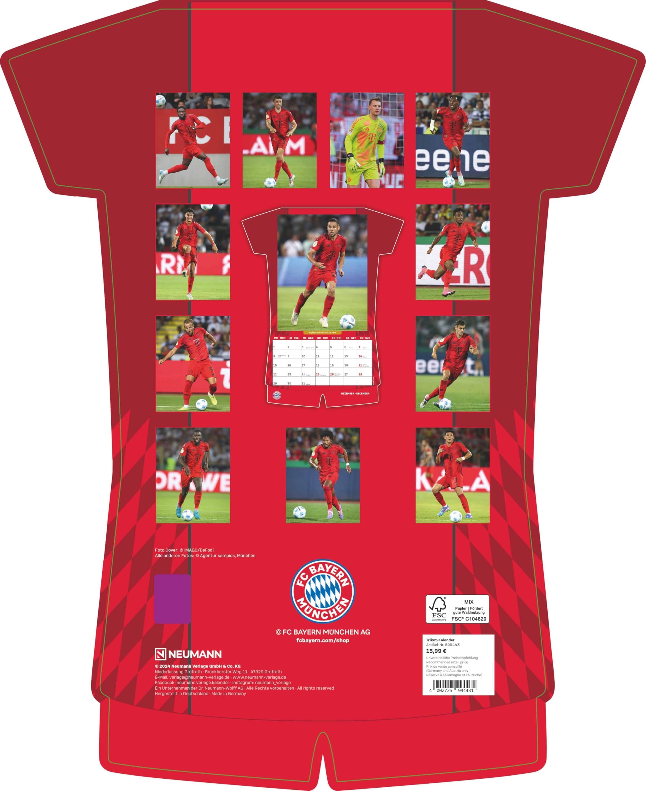 N NEUMANNVERLAGE Calendrier maillot du FC Bayern Munich 2025, 34,1 x 42 cm, calendrier de football avec motifs des stars, calendrier pour fans avec points forts de football, reliure à spirale et