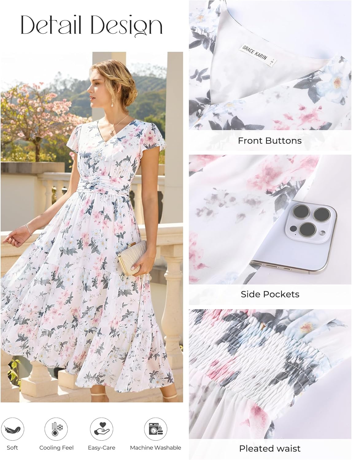 GRACE KARIN 2026 Women Summer Dress,Maxi Short Sleeve Floral Dresses,Semi Formal Flowy Wedding Guest Dress with Pocket