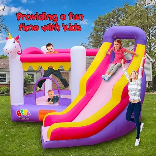 Miniatura 7 de BESTPARTY Casa inflable de unicornio, castillo animoso con soplador, casa de rebote con tobogán, castillo animoso para niños con área de salto,