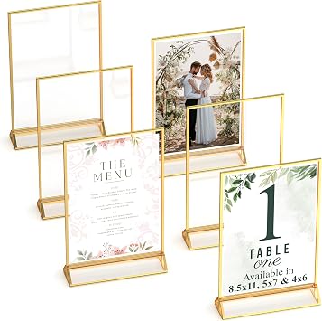 Dasher Products Gold Picture Frames Double-Sided, 6-Pack 4x6 Acrylic Table Number Holders, Clear Easel Stands for Signs, Gold Frames for Wedding Table Numbers, Menu Holders, and Photo Displays for Events and Decor