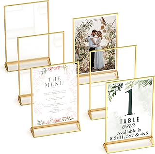 Dasher Products Gold Picture Frames Double-Sided, 6-Pack 4x6 Acrylic Table Number Holders, Clear Easel Stands for Signs, Gold Frames for Wedding Table Numbers, Menu Holders, and Photo Displays for Events and Décor