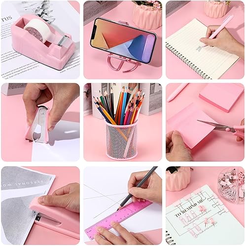 Miniatura 4 de Sabary Paquete de 12 accesorios de escritorio rosados, suministros de oficina, incluye grapadora, tijera, removedor de grapas, dispensador de cinta,