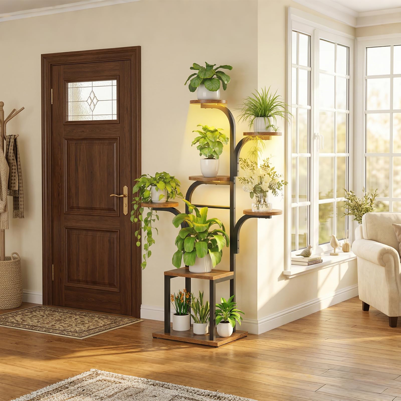 HOOBRO Support Plantes Interieur avec 3 Lampes de Croissance 7 Niveaux, Étagère Plante, Hauteur 120 cm, Minuterie 3/9/12 Heures, pour Salon, Chambre, Balcon, Marron Rustique et Noir EBF09DHJ01