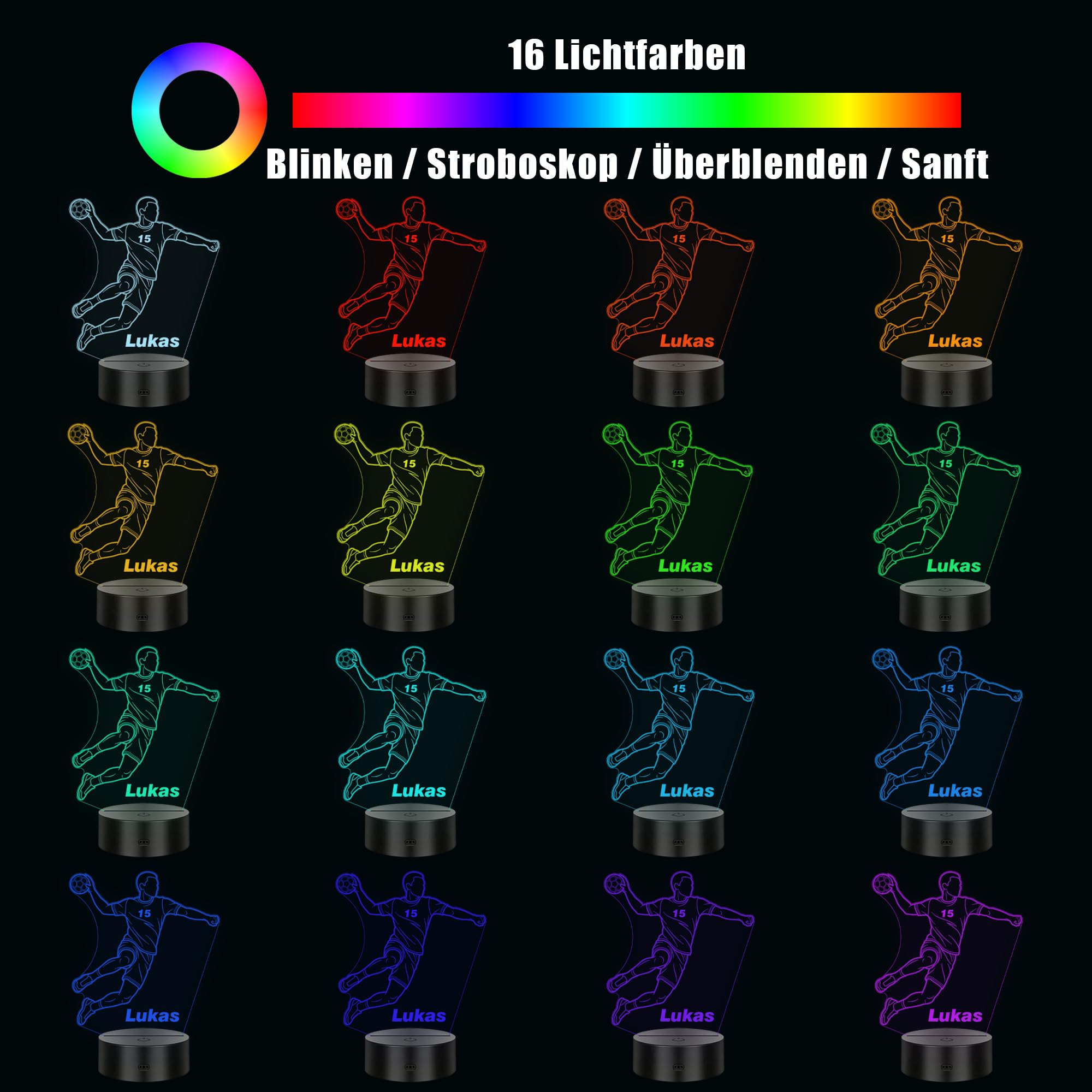 Personalisierte Handball Lampe – LED Nachtlicht mit Name – Handball Geschenk für Kinder, Spieler, Trainer & Fans – 16 Farben dimmbar mit Fernbedienung – Sport Deko Licht Kinderzimmer (Jungen)