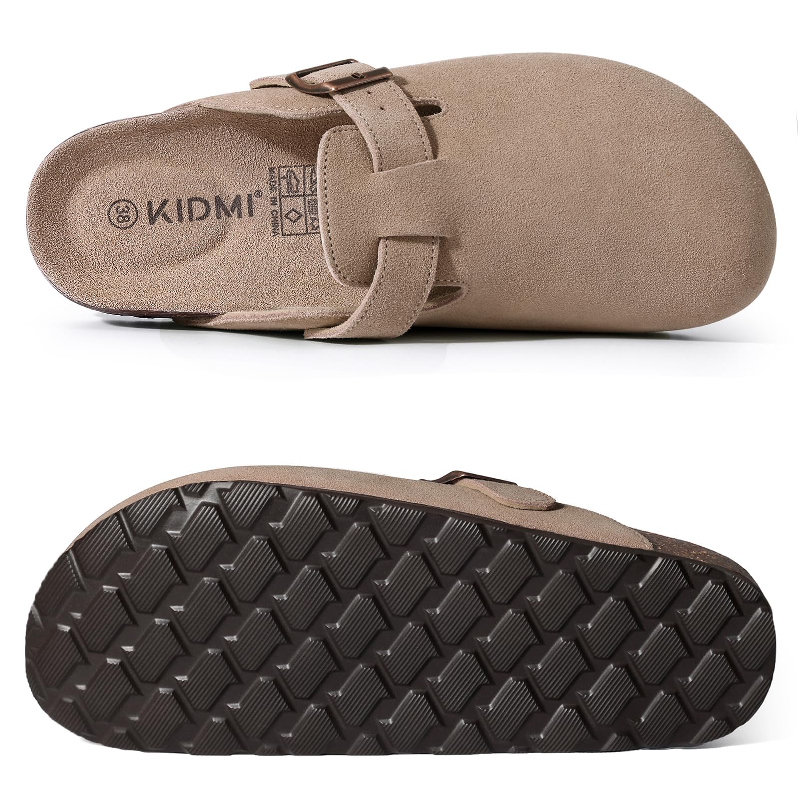 KIDMI Sabots en daim véritable pour femme avec semelle en liège et cuir avec soutien de la voûte plantaire