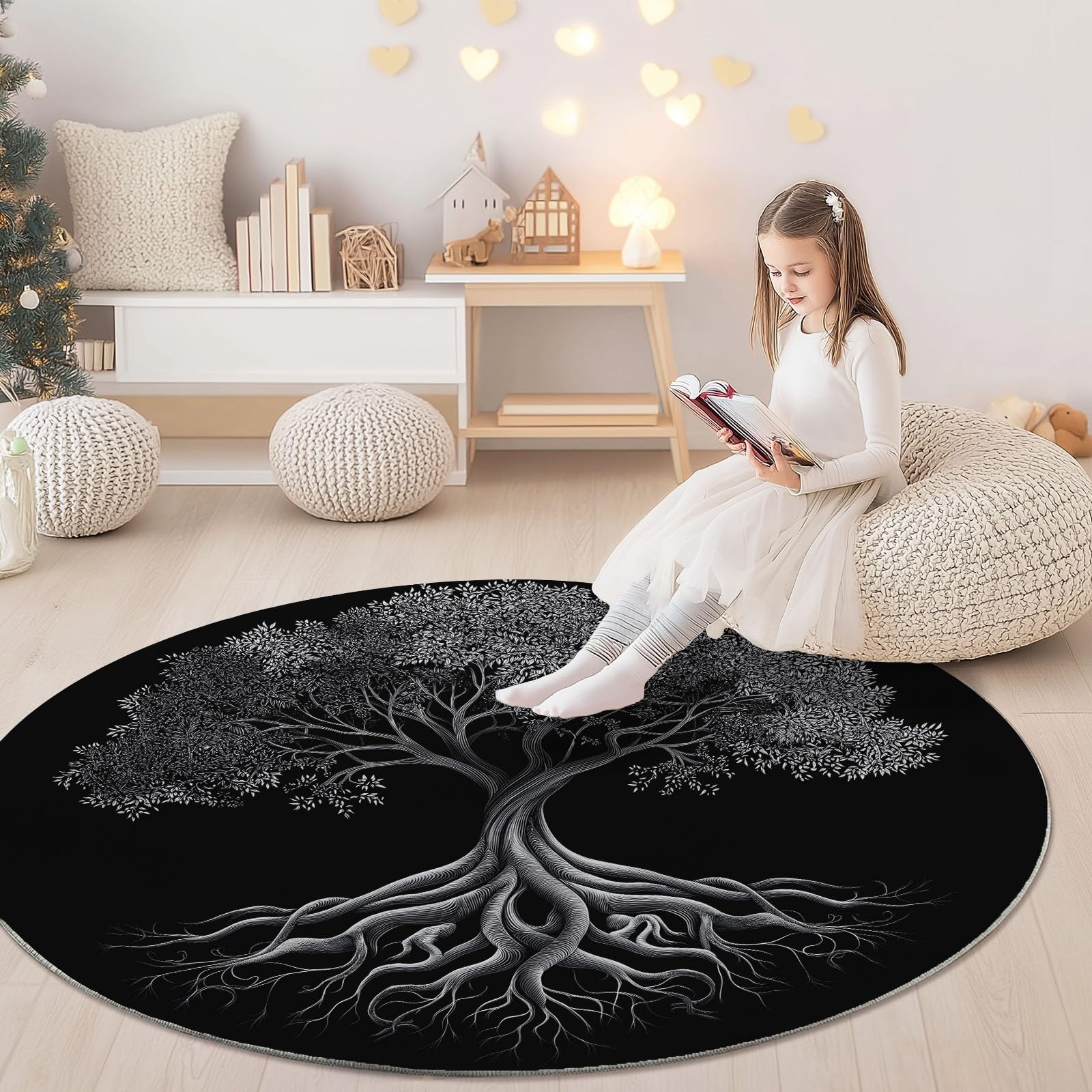 Tappeto rotondo da 210 cm, stile retrò, con albero della vita, moderno, antiscivolo, in flanella nera, lavabile, morbido, per cameretta dei bambini, stanza dei giochi, camera da letto, decorazione