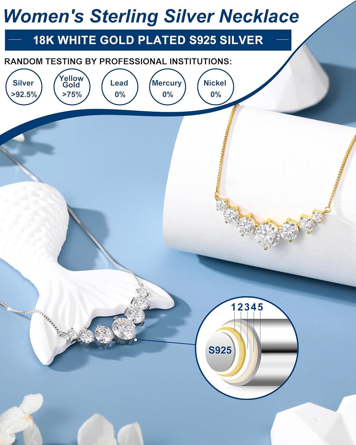 TUHE 7 Stones Moissanite Necklace for Women, 1.7-5.0 Carat Smile Moissanite Pendant Necklace 18k Gold Plated Sterling Silver 16.5+2.5 inch Box Chain Tennis Necklaces with Certificate of Authenticity - Image 4