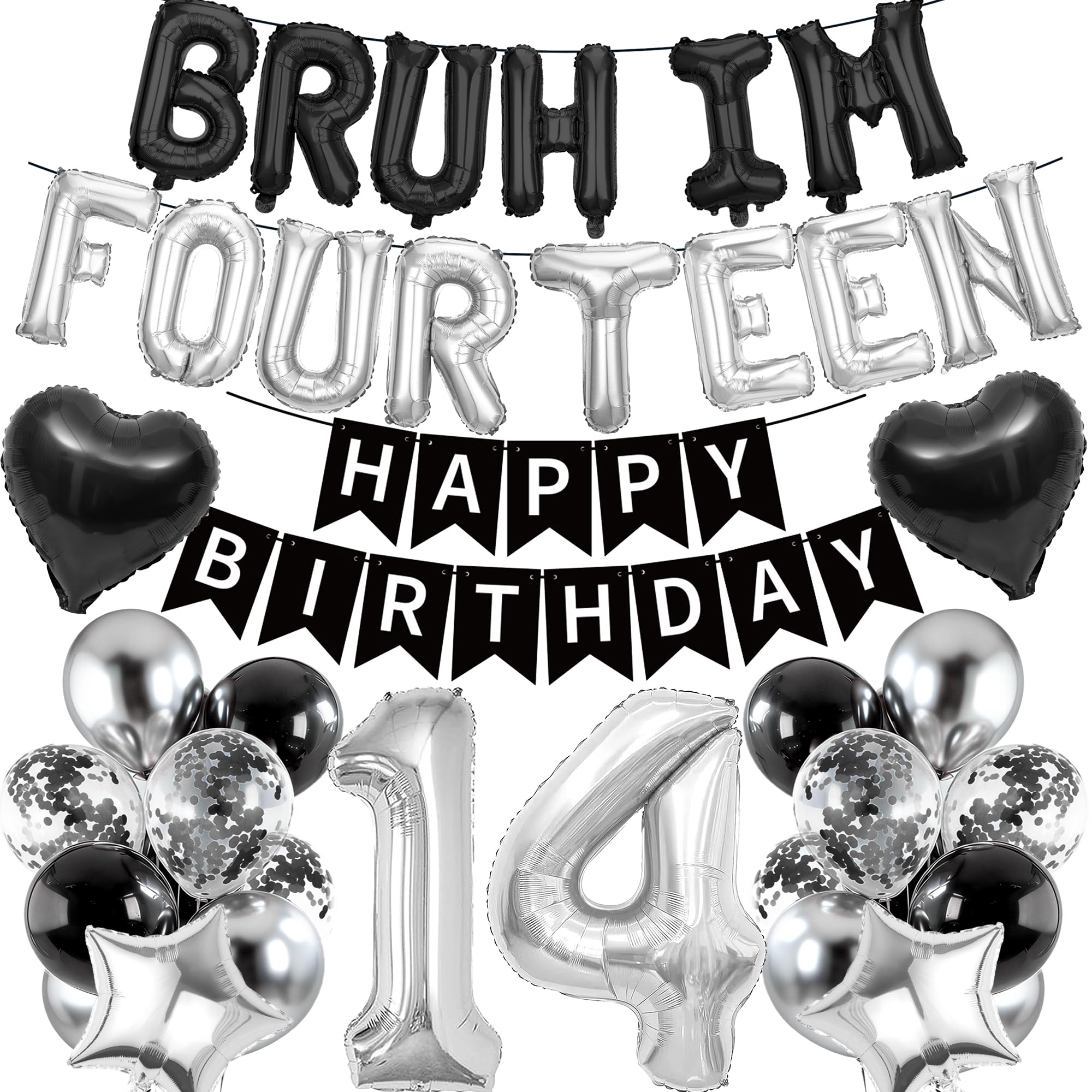 14th Birthday Decorations Banners Boy - 39 Pcs Black Silver Happy Birthday Banner BRUH I'M FOURTEEN Star Heart Number 14 Foil Balloons Decoration Sequin Balloons for 14 Years Old Boys Party Decor