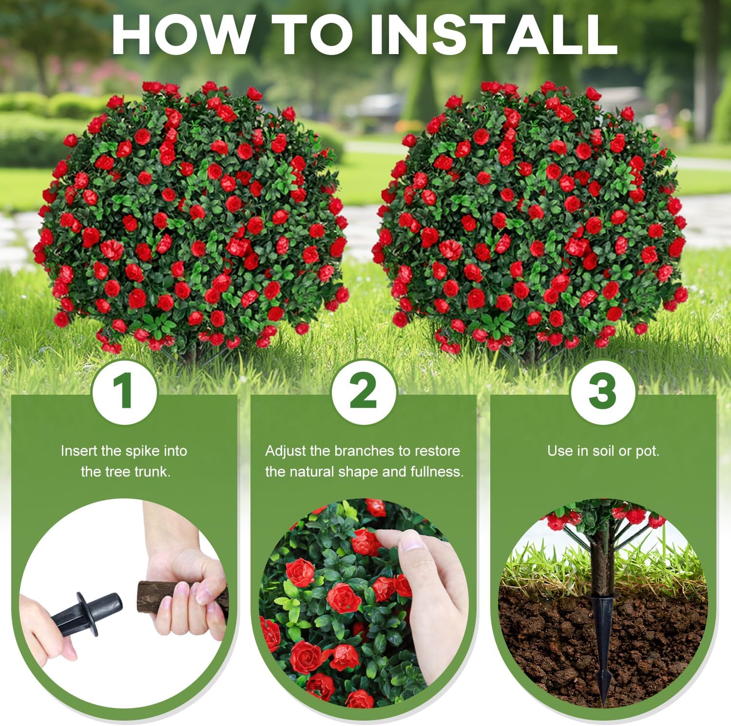 Artificial Boxwood Topiary Ball Tree Outdoor Plants with Red Rose Flowers 2 Pack 25.5" UV Resistant Artificial Shrub Bushes with Ground Spike Fake Boxwood Balls for Garden Porch Patio Decor