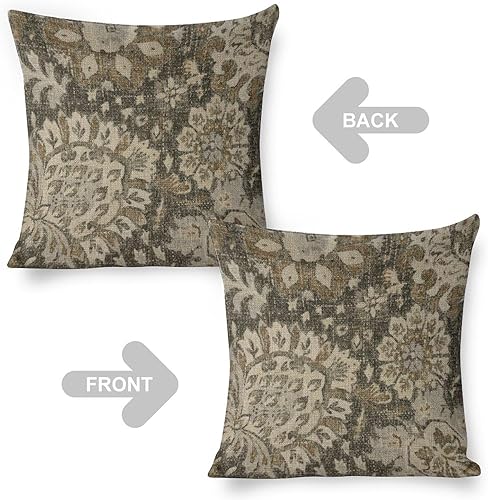 Miniatura 3 de Fundas de almohada de lino marrón y negro, funda de almohada floral bohemia vintage floral moderna para cama, sofá, sala de estar (solo funda) 16 x