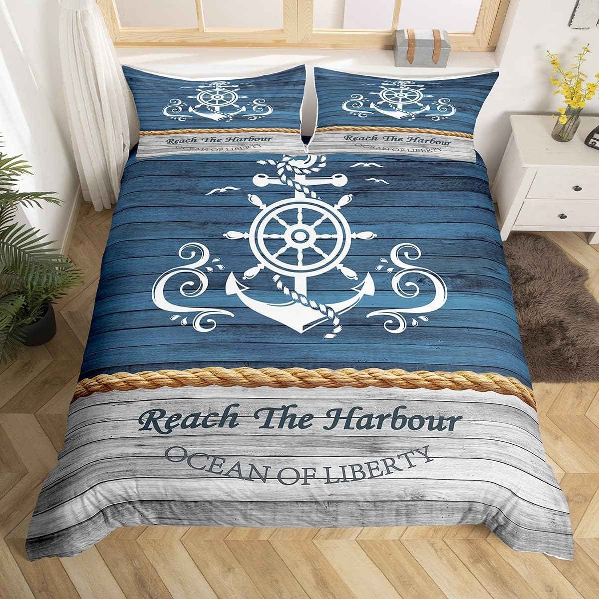 EVURUUMT Retro Nautical Bedding Set - 1 Quilt Cover + 2 Pillowcases, Ancient Anchor Compass Lighthouse Duvet Cover for Double Beds and Children