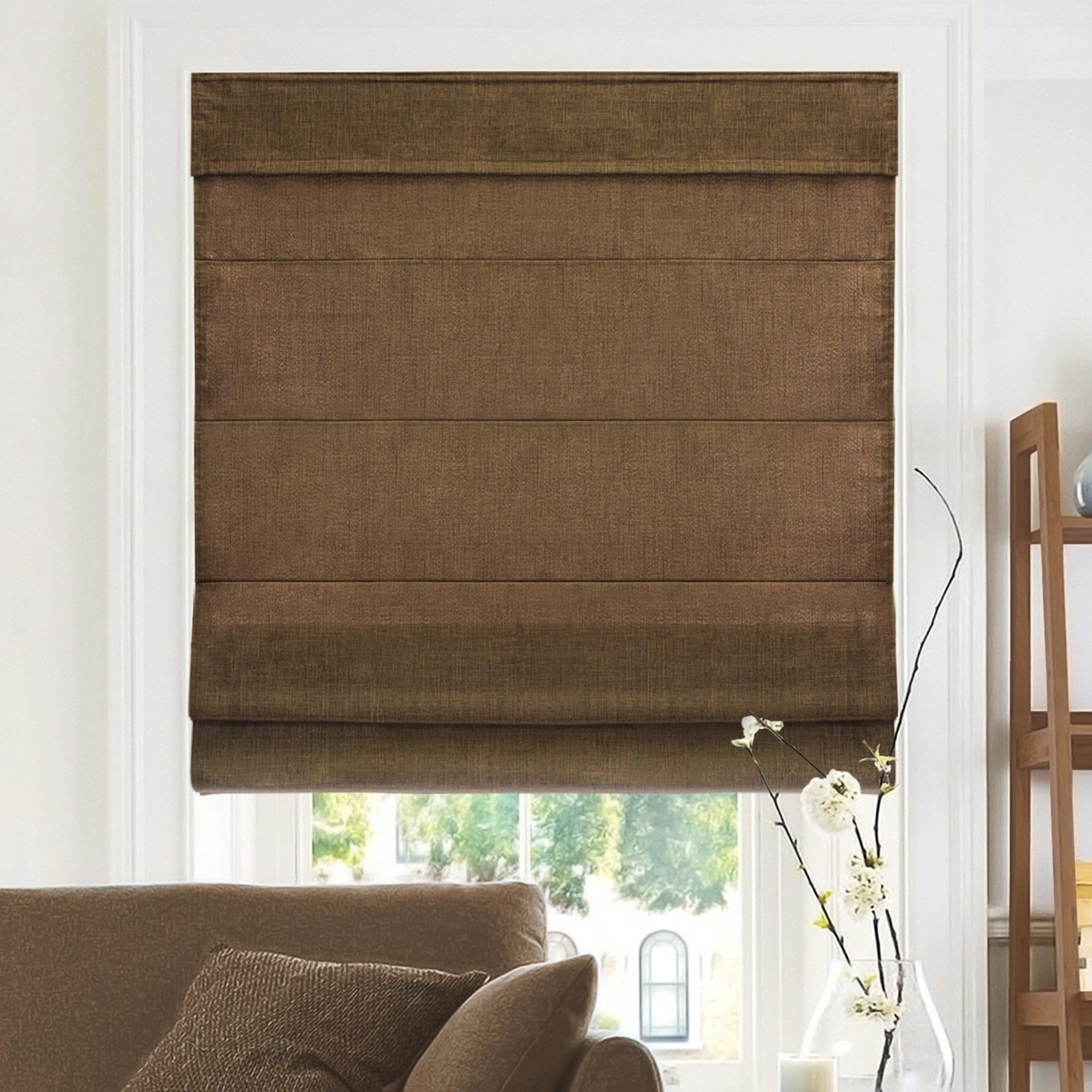 CHICOLOGY - RMBC3464 Cordless Roman Shades Cross-Hatched Modern Fabric Cascade Window Blind Treatment, 34"W X 64"H, Belgian Chocolate (Privacy & Light
