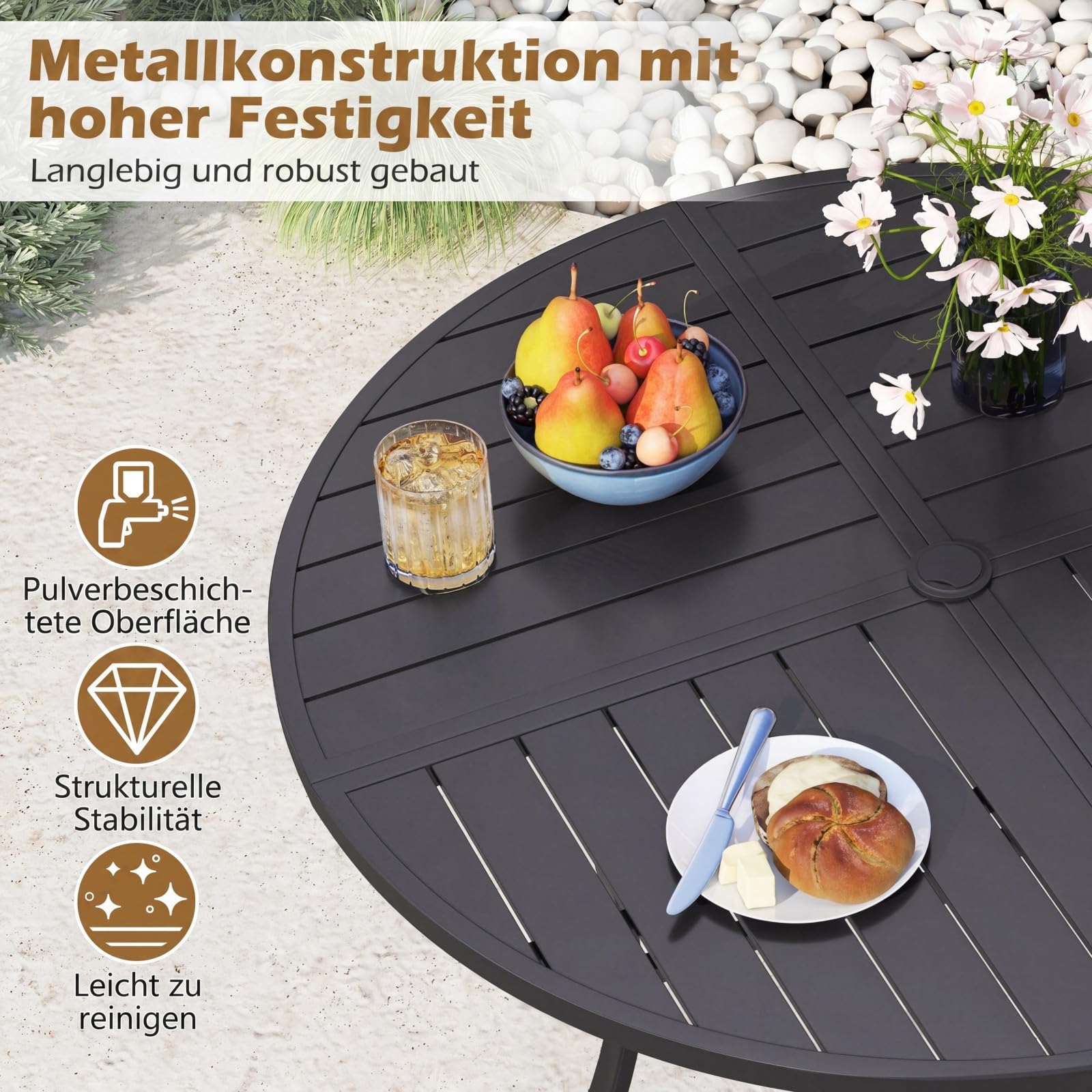 COSTWAY Gartentisch Metall, 108x108cm, wetterfester Terrassentisch mit Schirmloch, runder Balkontisch für 4 Personen, Outdoor-Esstisch für Garten, Terrasse, Balkon, Schwarz