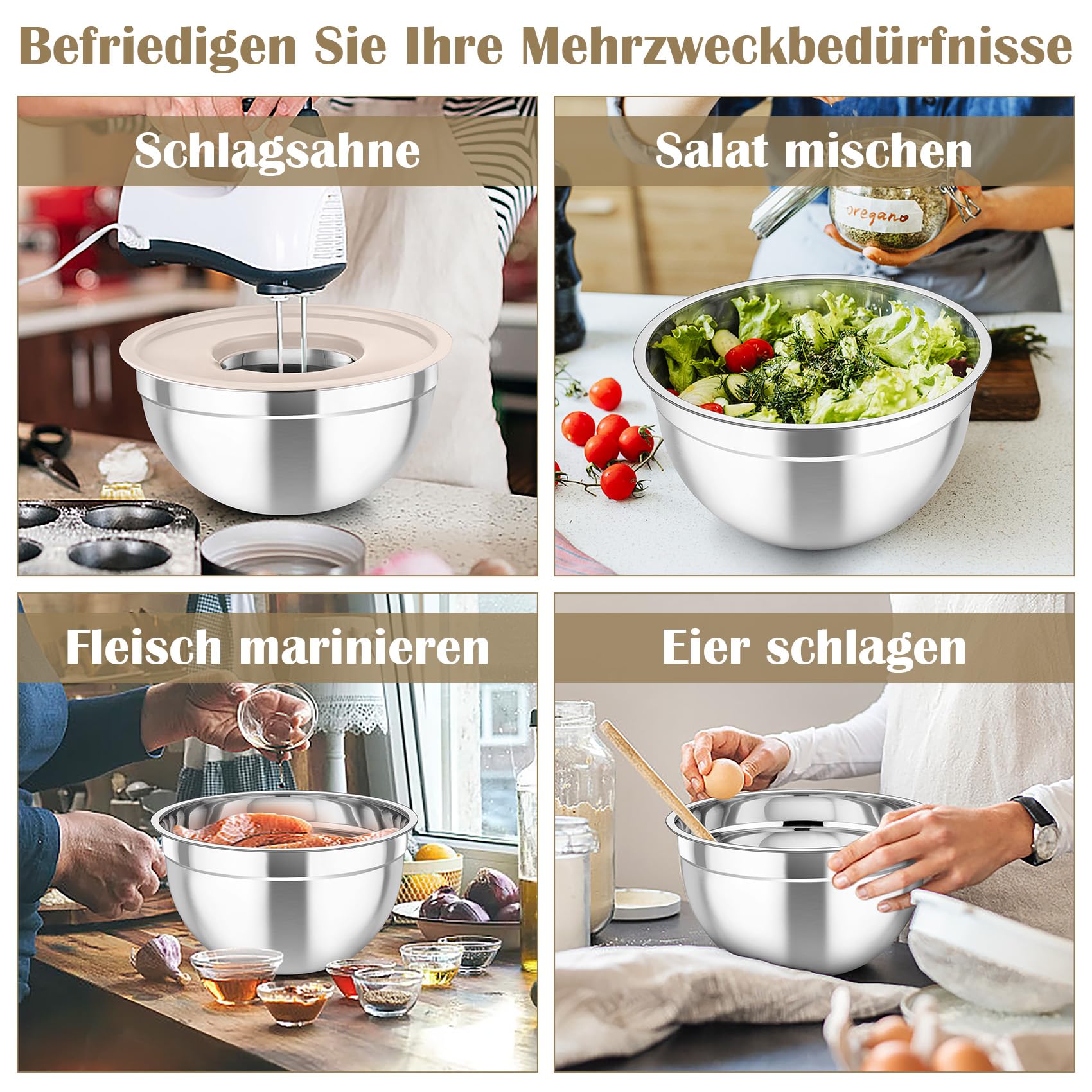 TEAMFAR Juego de 6 cuencos de acero inoxidable con tapa, color caqui | Ensaladera para cocina, 3 cabezales ralladores y tapa hermética, apilable, apto para lavavajillas, 4,6/2,8/2,5/1,6/1,2/0,7 l