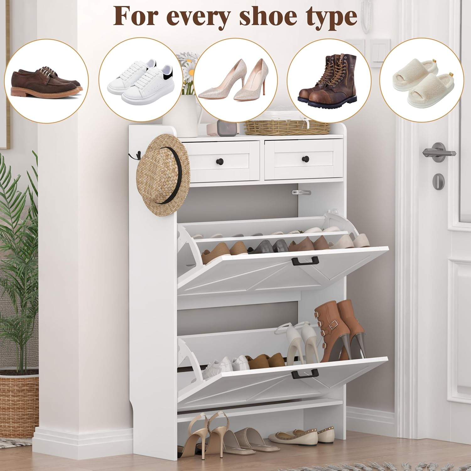 Shoe Cabinet with 2 Flip Drawers & 2 Storage Drawers, Rustic Farmhouse Narrow Shoe Organizer Cabinet, Slim Shoe Rack Cabinet, Shoe Storage Cabinet for Entryway, Hallway