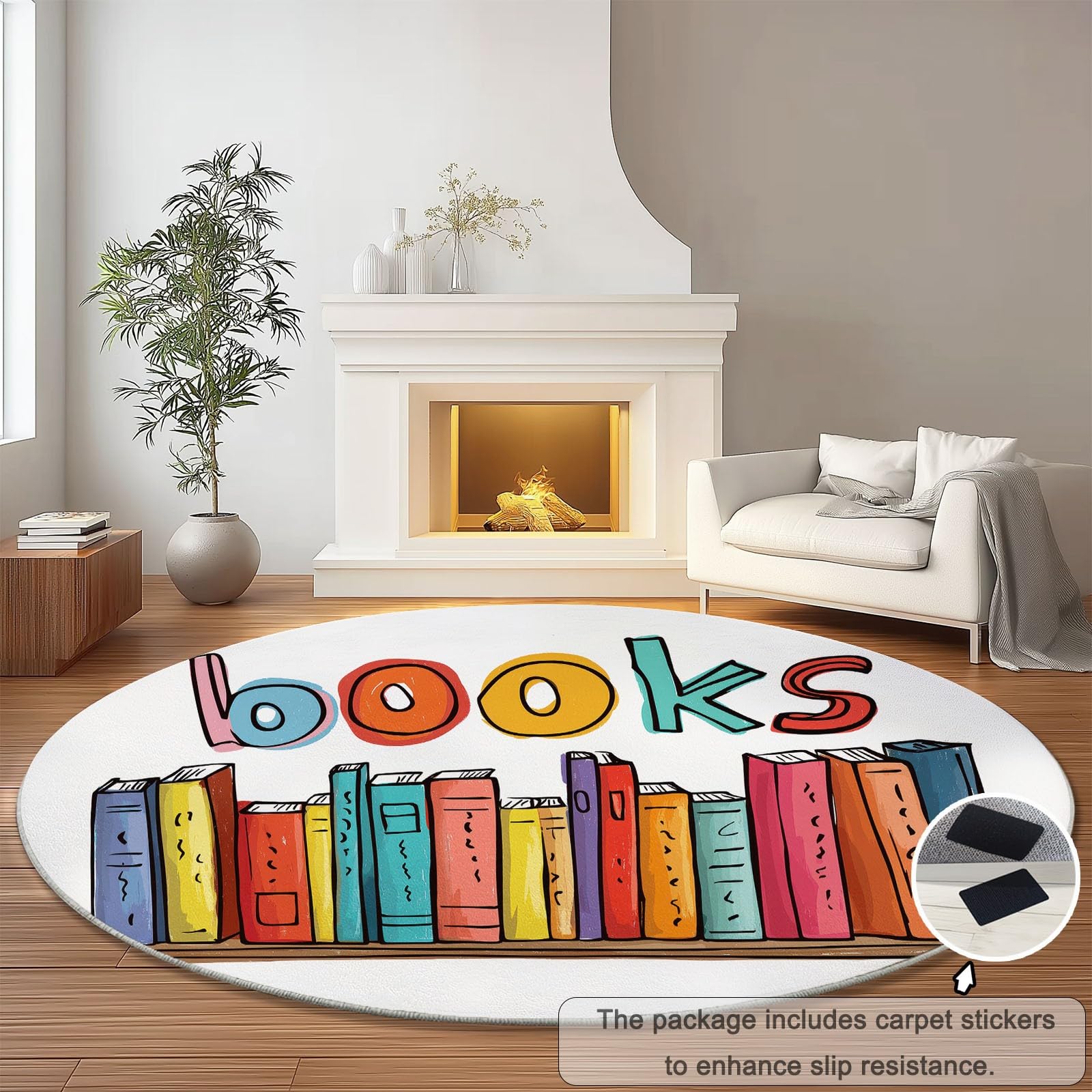 Teppich Rund 200 cm, Waschbare Teppiche, Minimalismus Bücher Briefe Flauschiger Runder Teppiche, rutschfest Carpet, Bedruckter Teppich Schlafzimmer Kinderzimmer, Bunt
