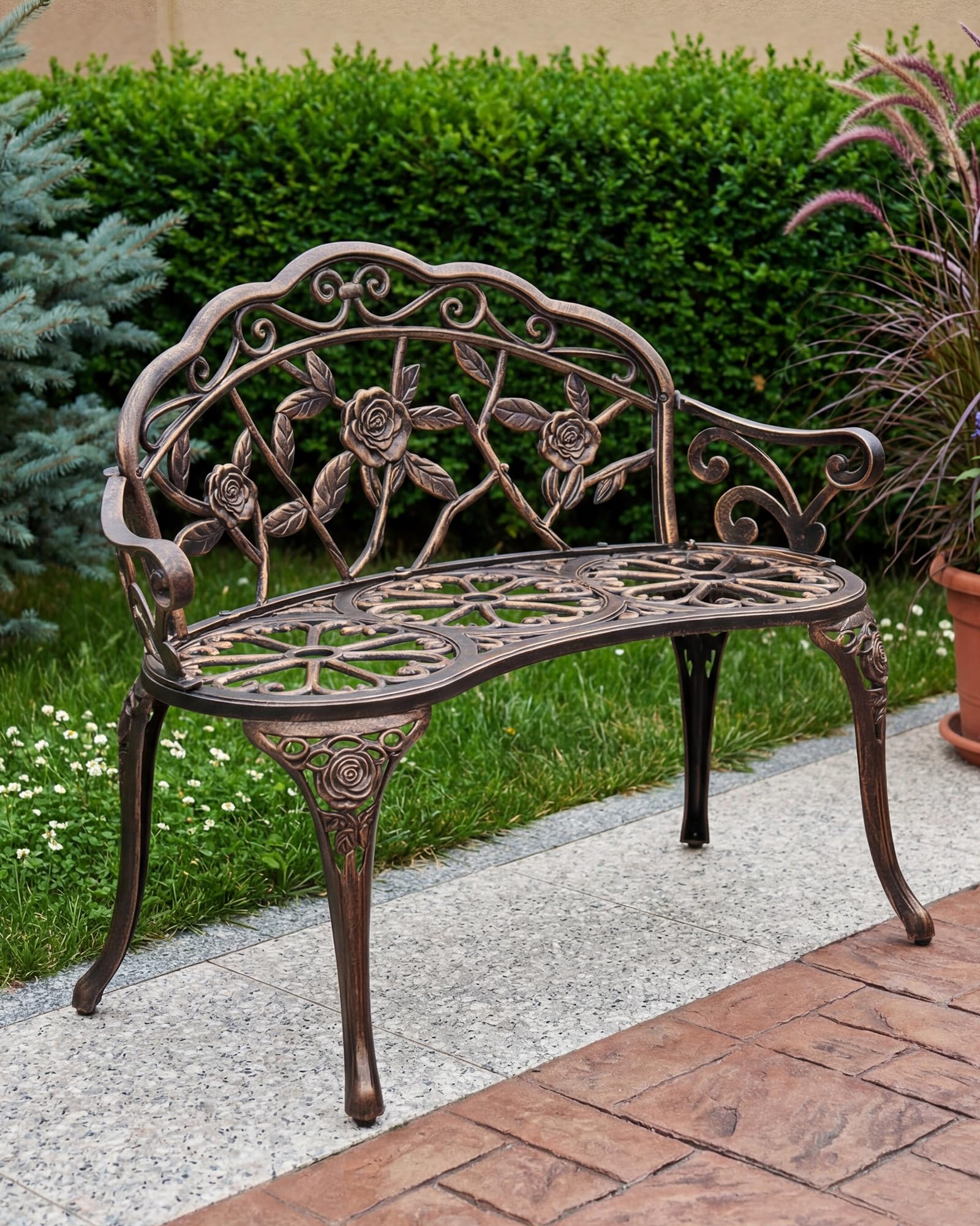 Banc de Jardin 2 Places, Banc d'Extérieur Métal 91cm Style Rétro Bronze avec Dossier Fleuri, Banquette de Jardin Robuste pour Terrasse Balcon Patio Jardin