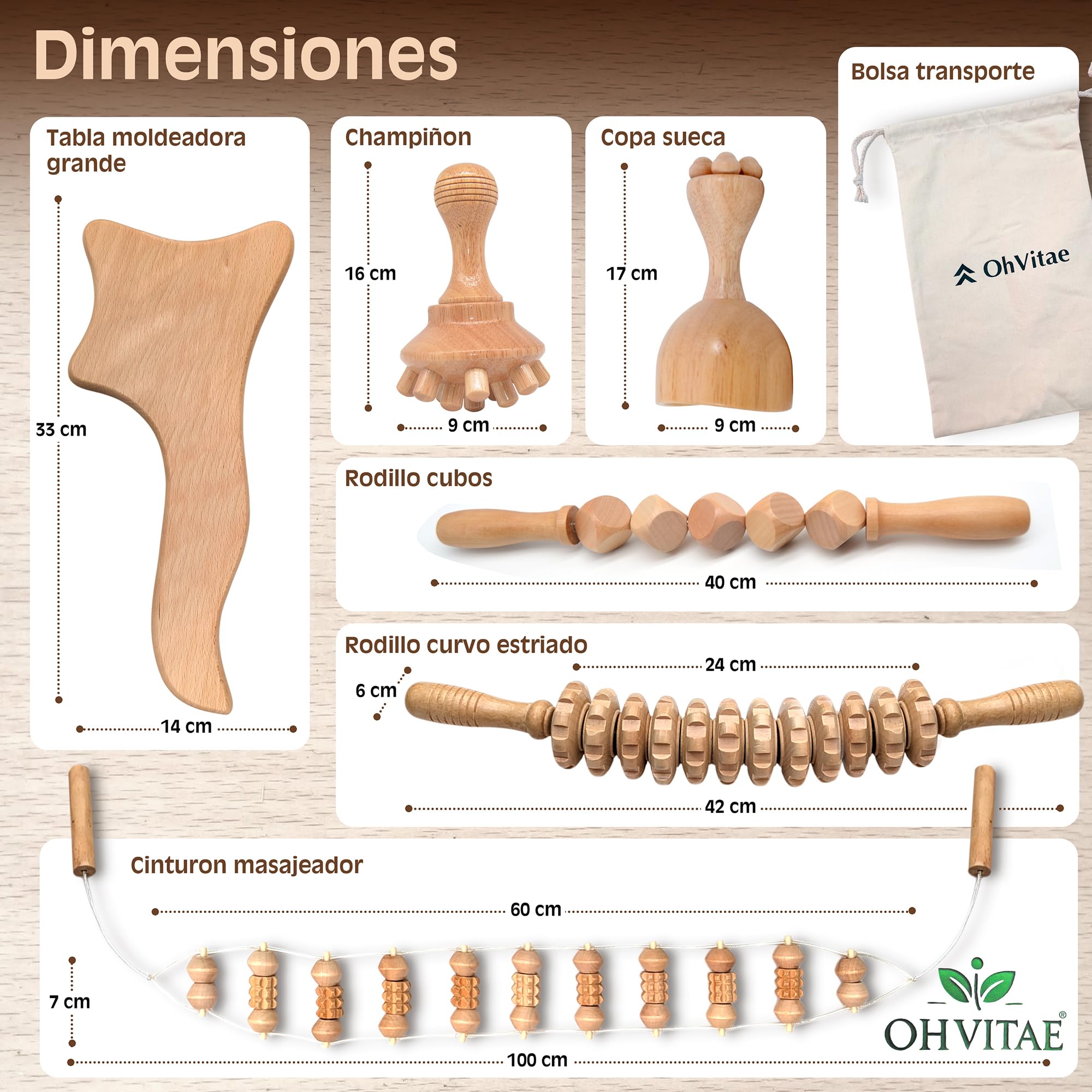 kit maderoterapia corporal profesional con 6 herramientas bolsa de transporte y guía QR. Tratamiento completo de maderoterapia corporal celulitis para masaje reductor y tonificación natural