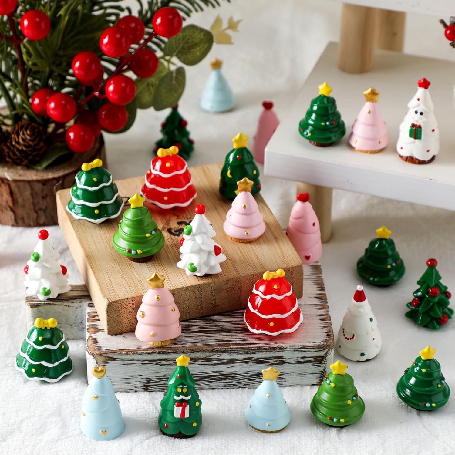 Fourluoo 48 Pcs Mini Resin Christmas Trees Figurines Miniature Christmas Figures for Crafts Small Pine Tree Ornaments Tiny Landscape Figures for Xmas DIY Craft Fairy Garden Table Vase Decor