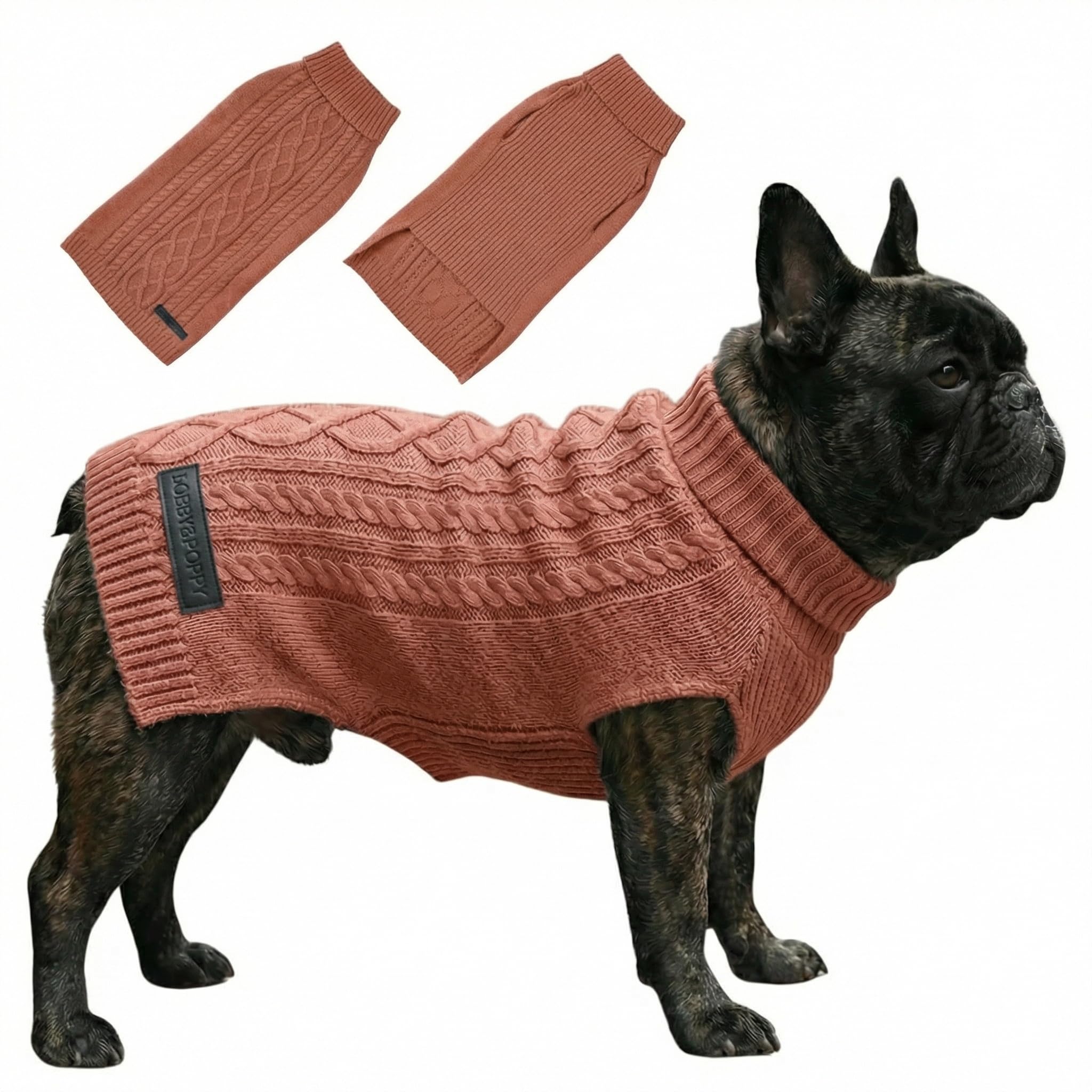 Bobby & Poppy Strick Hundepullover, Warmer Winterpullover für kleine, mittlere & große Hunde, ultrasofter Hundepulli Zopfmuster Dackel Französische Bulldogge - Altrosa XL Cable Dog_Tostado_XL
