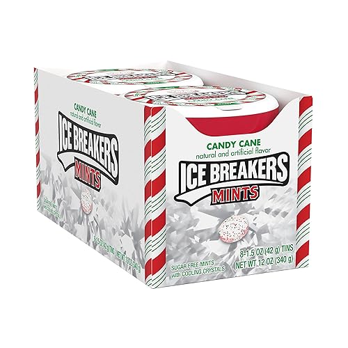 ICE BREAKERS, Sabor a bastón de caramelo, mentas sin azúcar, caramelo de menta navideña, 1.5 onzas (paquete de 8)