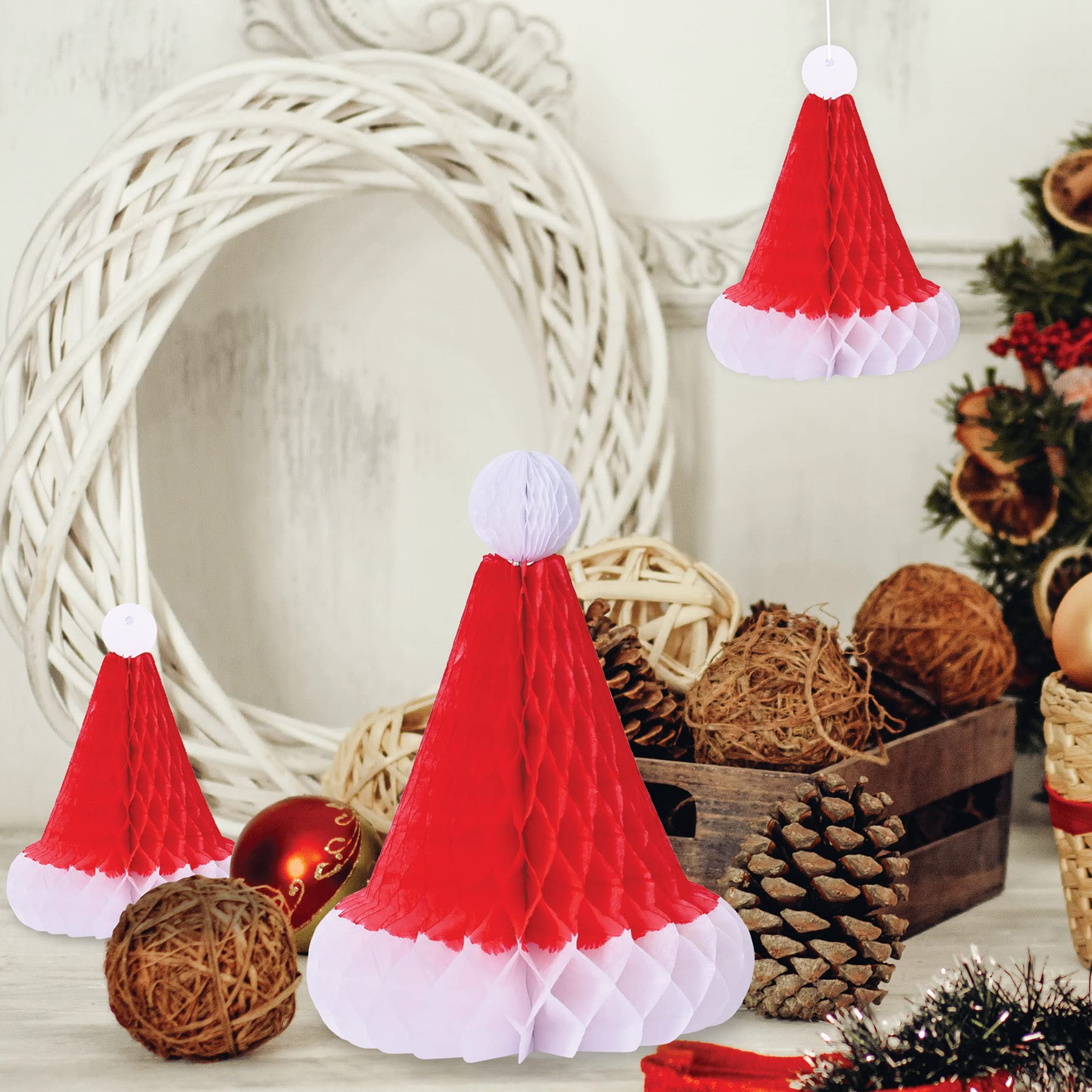 Beistle 3 Sombreros de Papá Noel de Papel de Seda de Panal para Decoraciones de Fiesta de Navidad, Rojo/Blanco