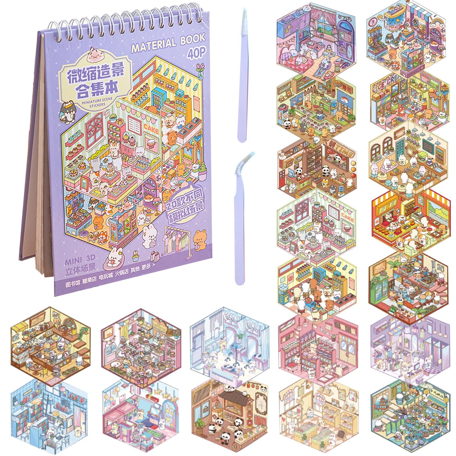 20 Sujets Autocollants de Scène, 3D Stickers Scene Miniature, Autocollants 3D House Stickers pour Soulager le Stress et Passer le Temps, avec 2 Pincette, Cadeau Parfait