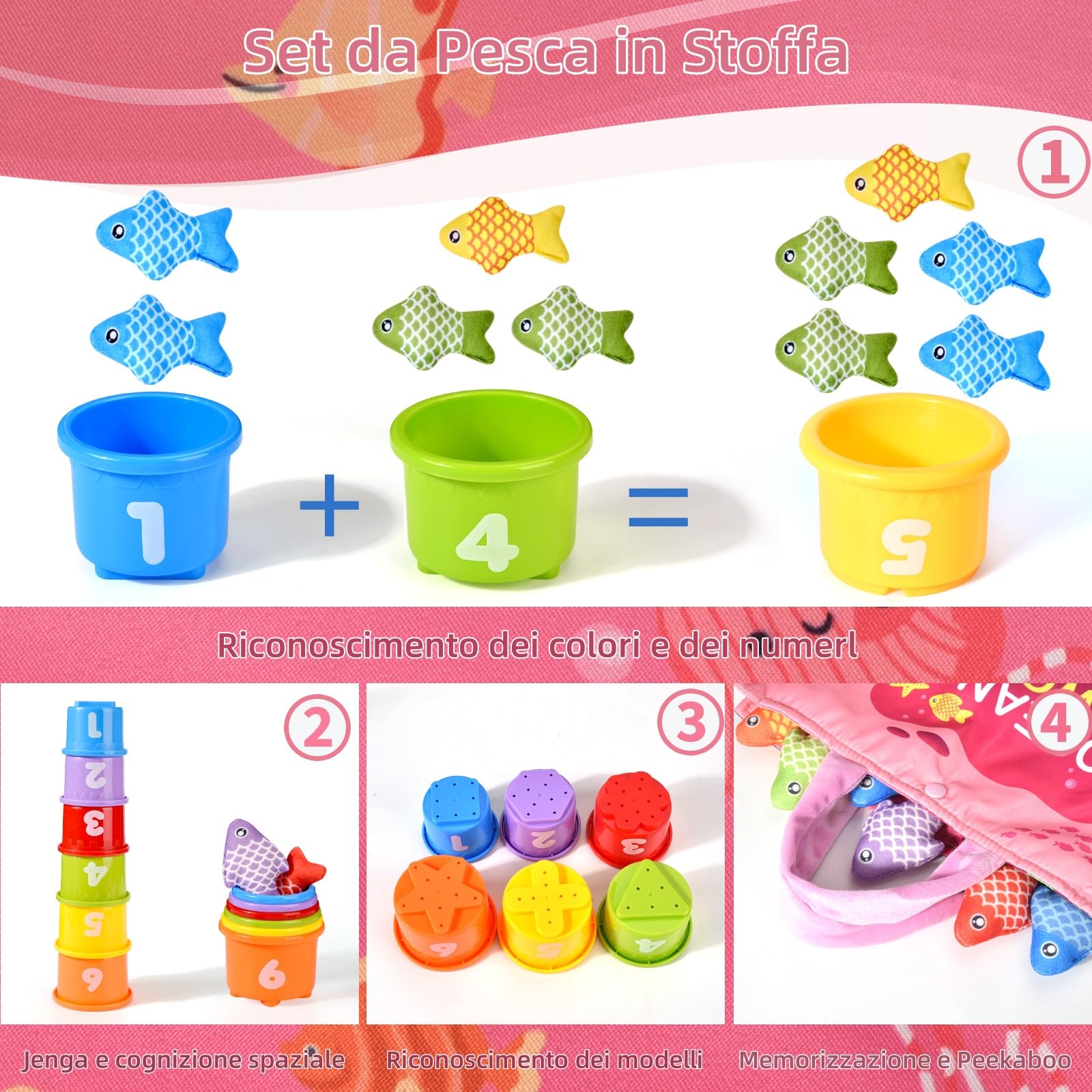 Tokiyis Giochi Montessori 1 Anno - Gioco Pesca Morbidi per Bimbo Bimba con 12 Pesci - Gioco Bambino Colorato Giocattolo Educativo per 6 9 12 18 Mesi - Rosa Regali per Bambini Bambina 1 2 3 Anni