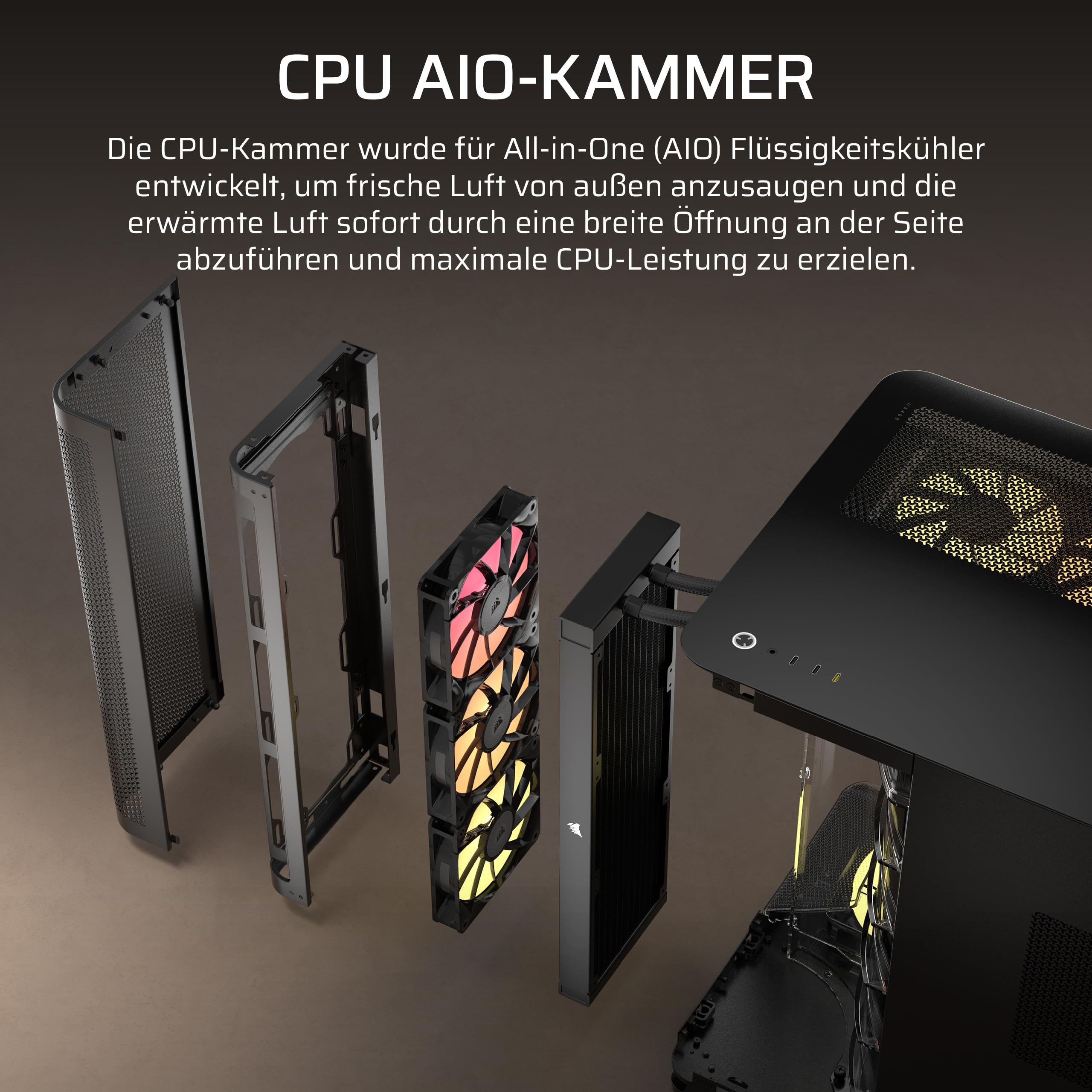 CORSAIR AIR 5400 RS-R ARGB Dreifach-Kammer-Mid-Tower PC-Gehäuse – Schwarz | 3x Vorinstallierte Reverse-Rotor RS120-R ARGB-Lüfter, Luftkanäle für Starke Kühlung, Reverse Motherboard-Unterstützung