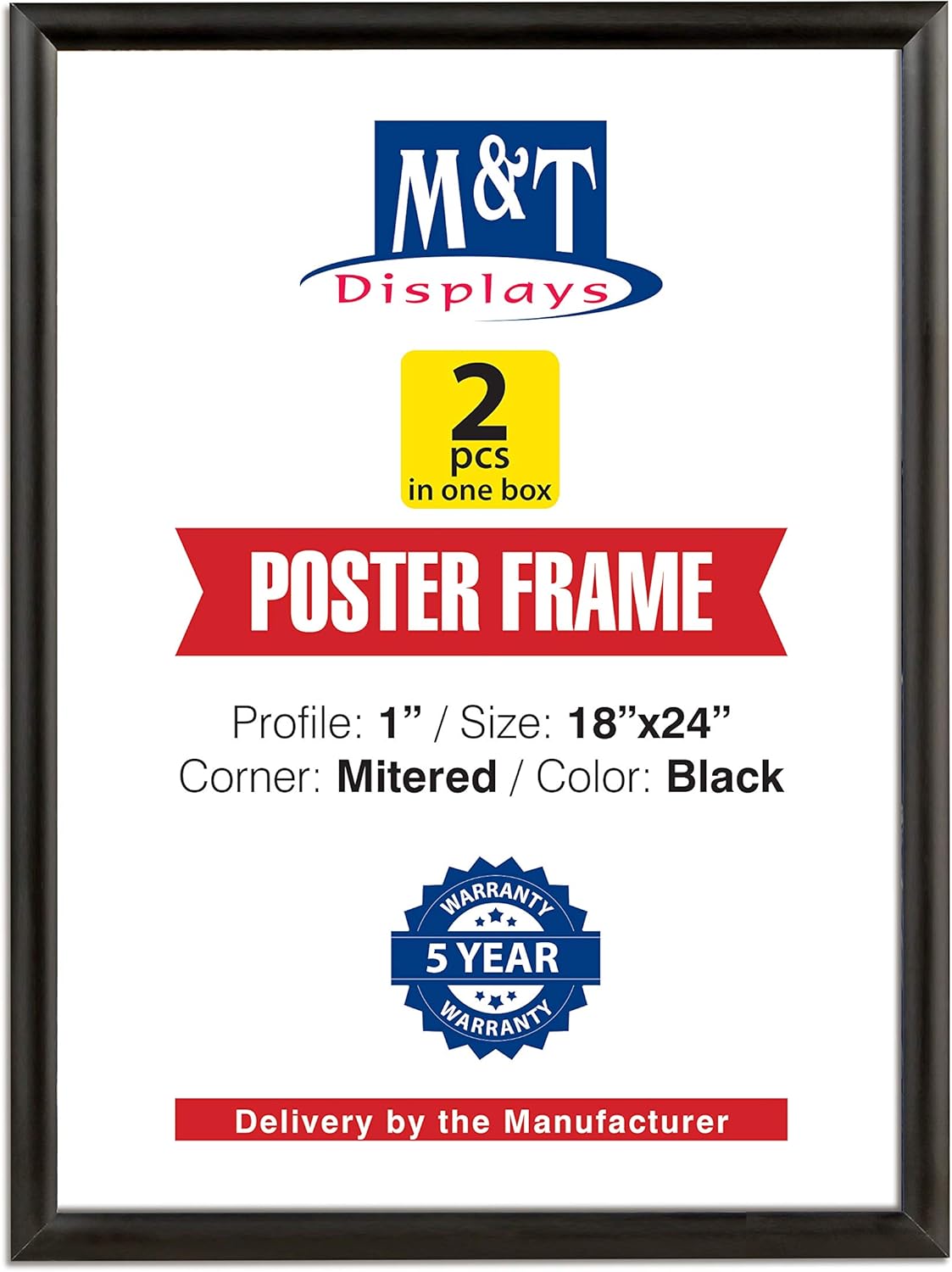 M&T Displays Picture Frame 18x24 Inch, Front Loading Diploma Frame, 1" Aluminum Profile Size - 2 Pack (Black)