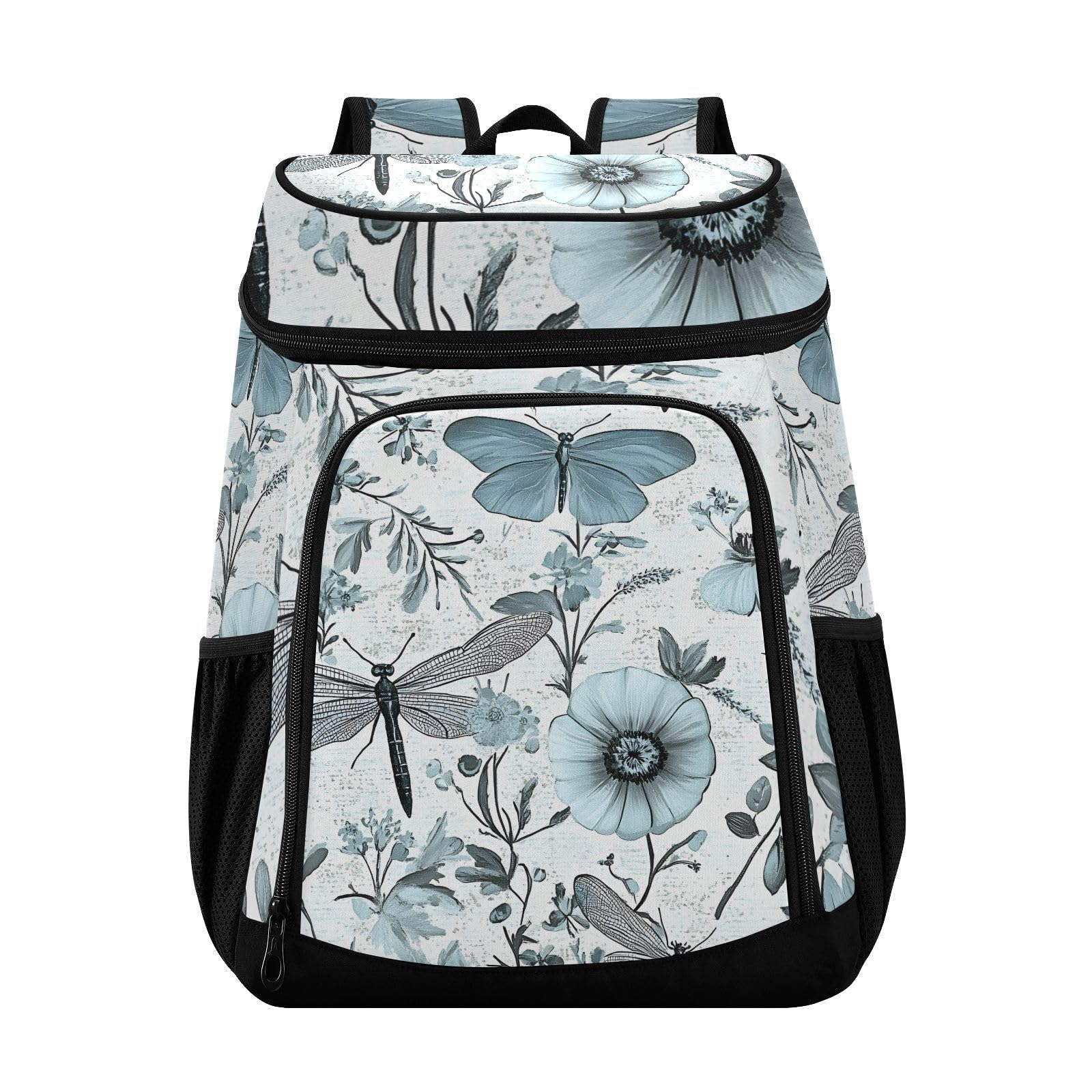Dragonfly Blue Flower Cooler Backpack Cooler Insulated Leak Proof Lunch Backpack 36 Cans Waterproof Soft for Men Women Picnic Hiking Camping Beach