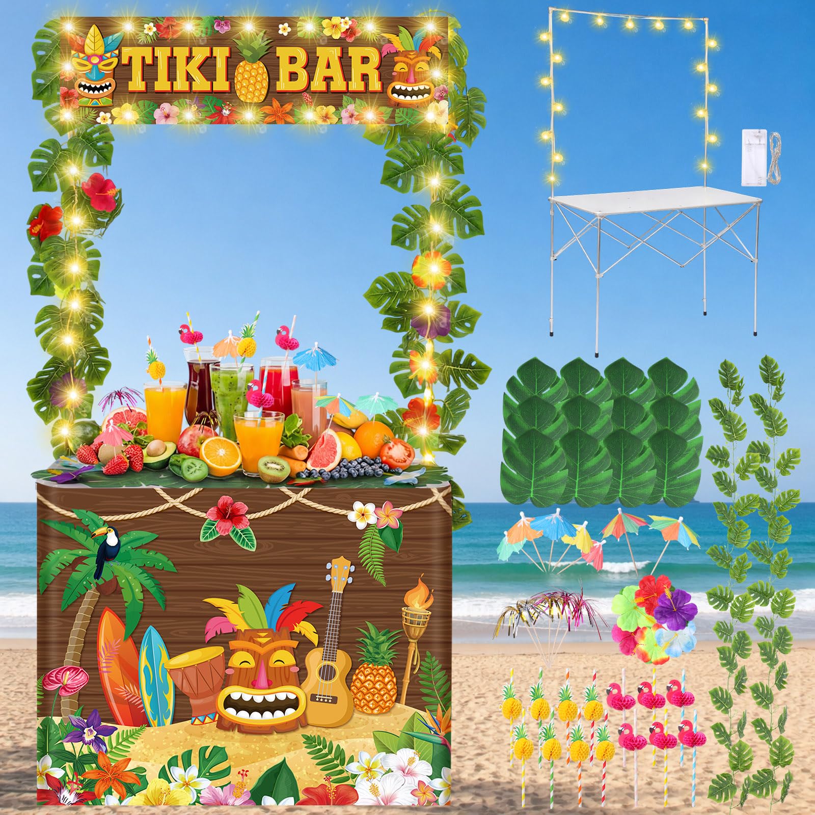 Haull Kit de cabaña de bar Tiki de 95 piezas con LED, portátil, para fiestas al aire libre, madera